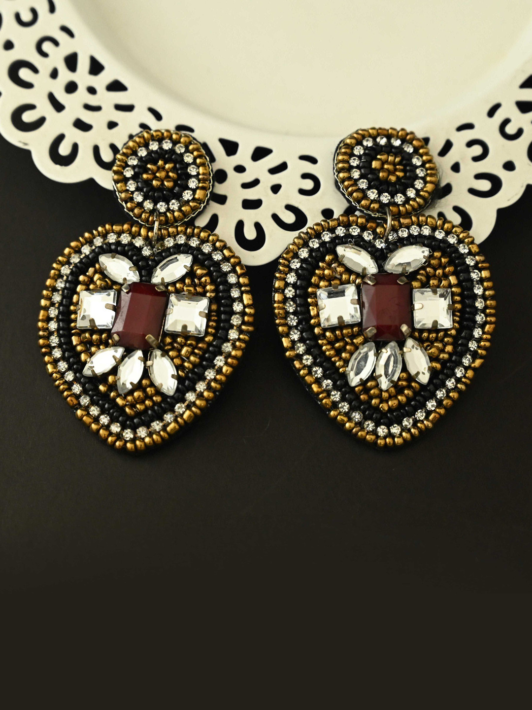 justpeachy Gold-Toned & Maroon Heart Shaped Drop Earrings