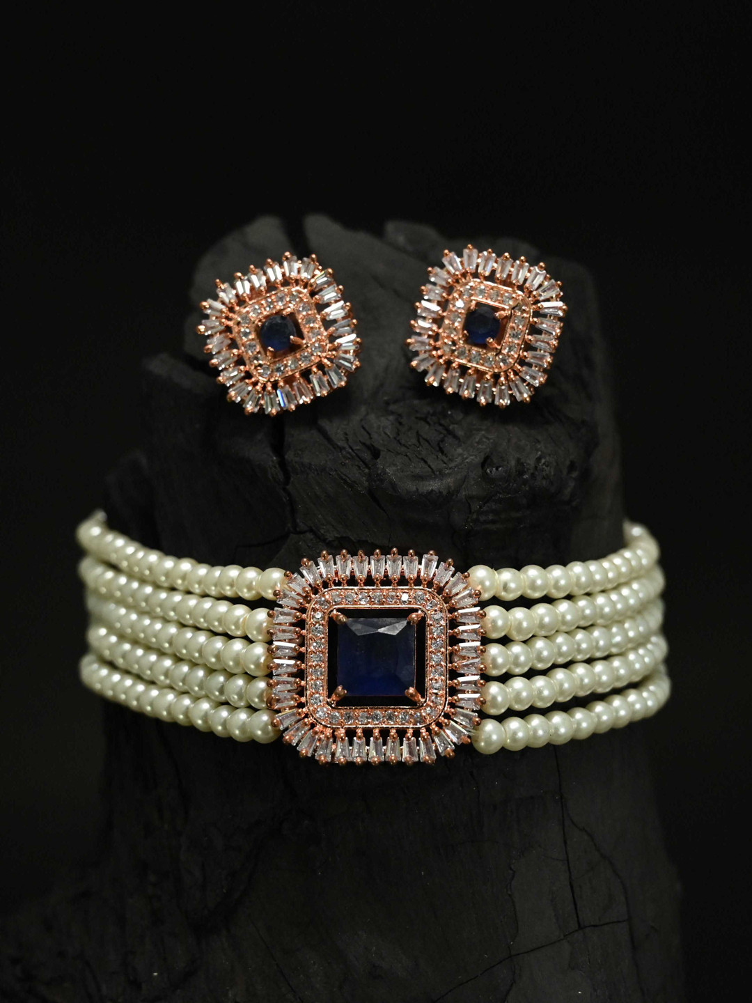 justpeachy Rose Gold-Plated  Blue AD-Studded Jewellery Set