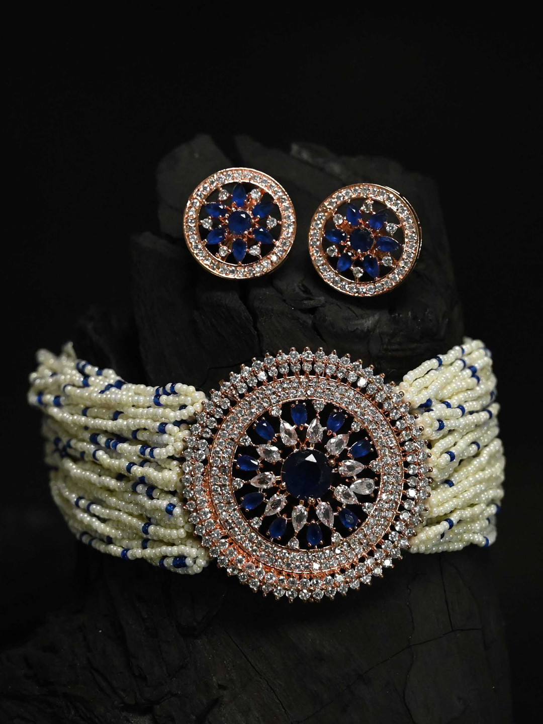 justpeachy Blue Gold-Plated AD Stone Studded Jewelry Set