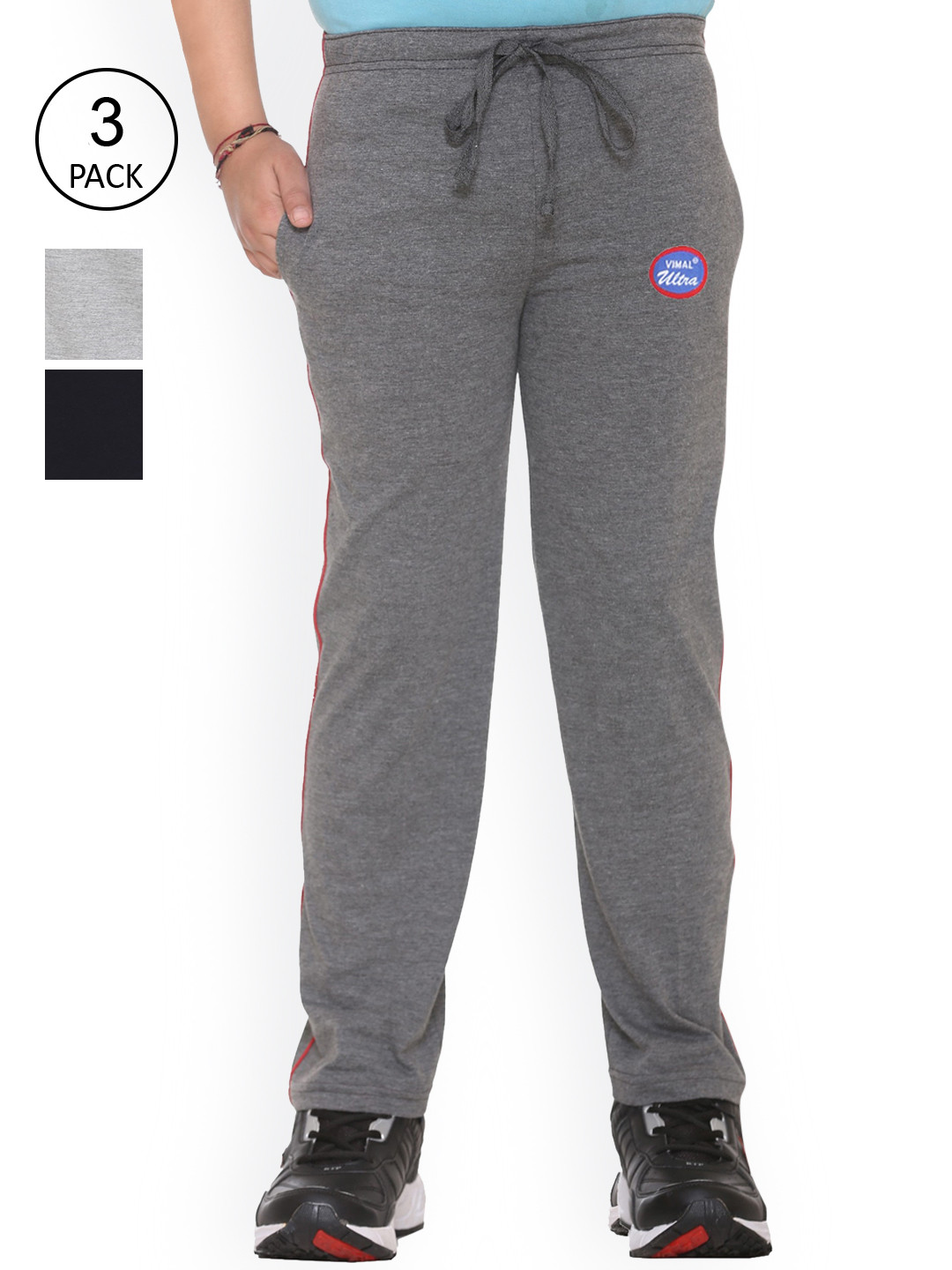 MACK JONNEY Set Of 3 Kids Grey & Navy Blue Solid Cotton Track Pants