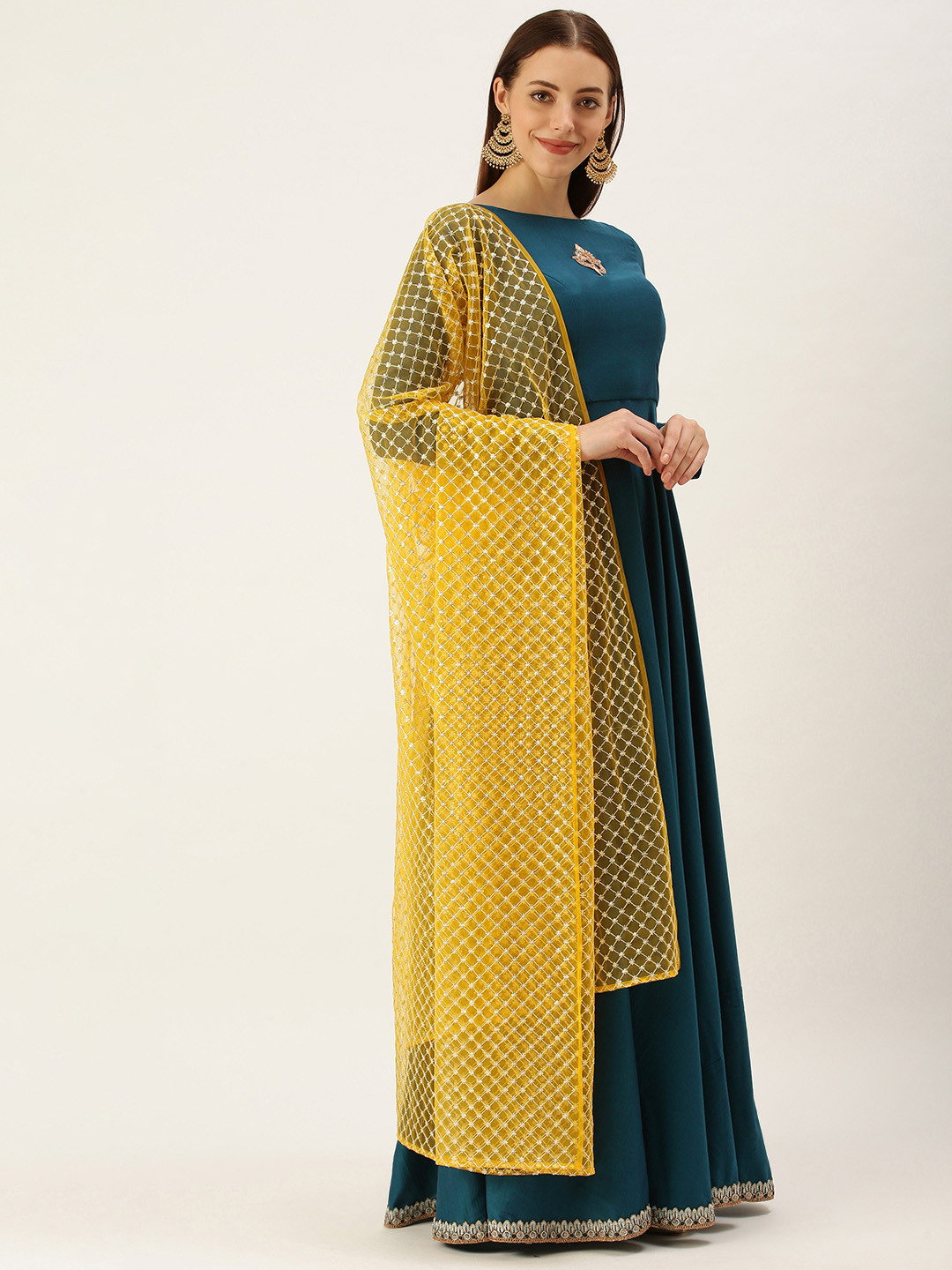 Ethnovog Women Teal Blue  Yellow Embroidered Anarkali  Kurta with Salwar  Dupatta