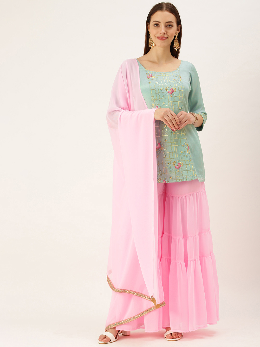 Ethnovog Women Blue Floral Sequin Embroidered Kurta with Sharara  Dupatta