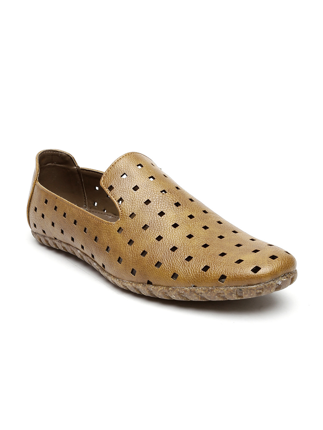San Frissco Men Tan Brown Leather Slip-Ons with Cut-Work