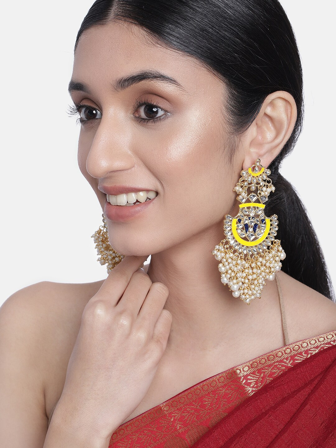 I Jewels Yellow Gold-Plated Handcrafted Meenakari Chandelier Earrings