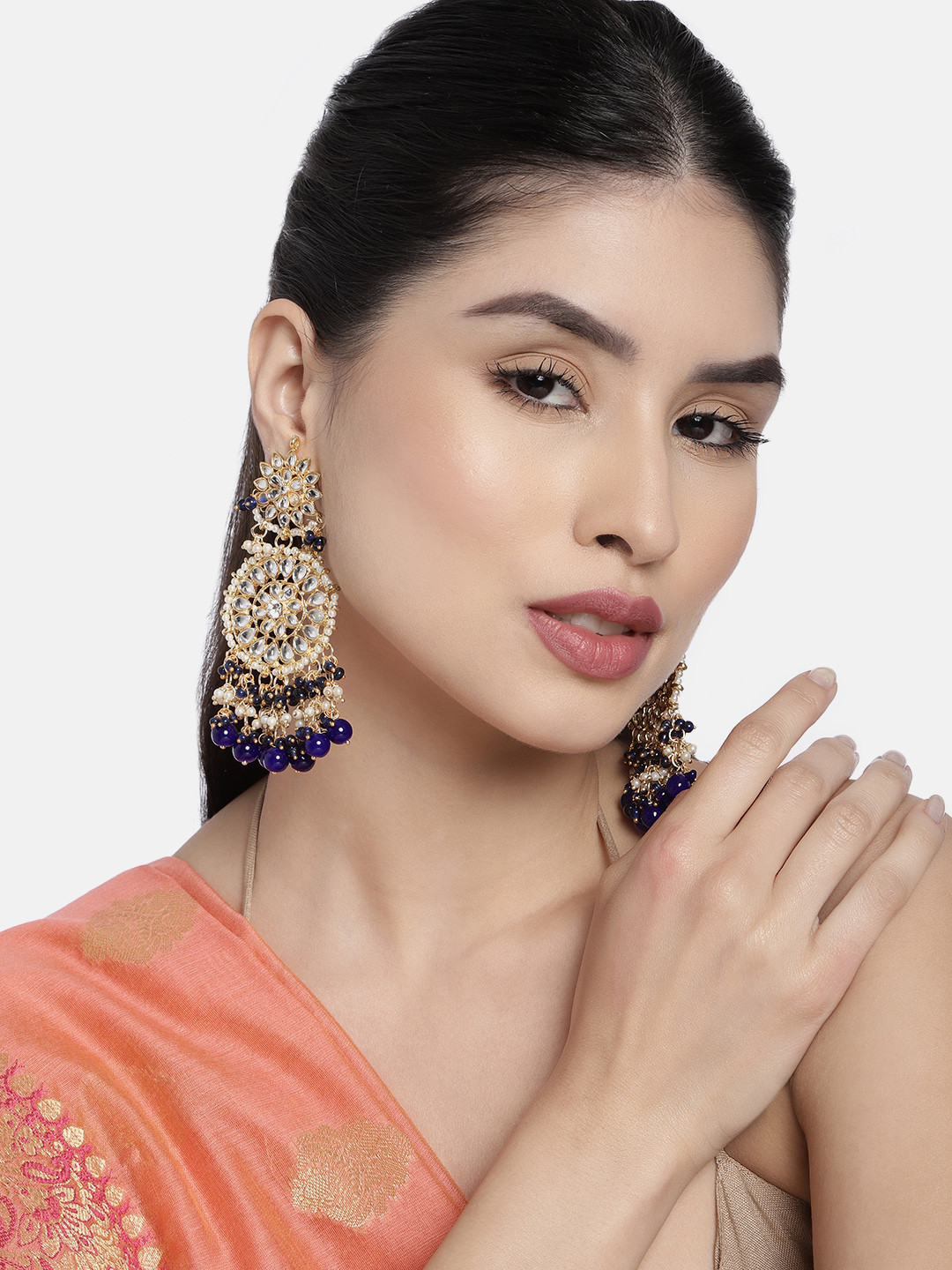 I Jewels Navy Blue & Off White Gold-Plated Kundan-Studded Classic Chandbalis Earrings