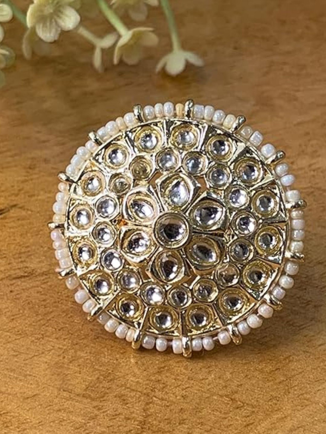 I Jewels White Gold-Plated Kundan Handcrafted Adjustable Finger Ring