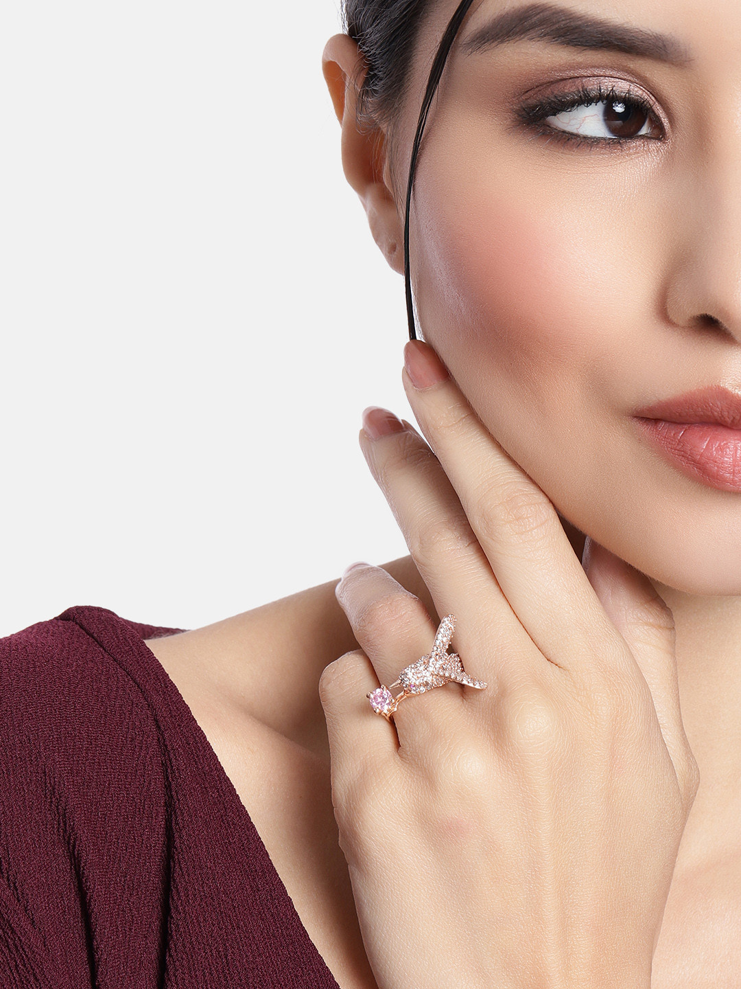 I Jewels White Rose Gold Plated Bird Design CZ American Diamond Adjustable Finger Ring