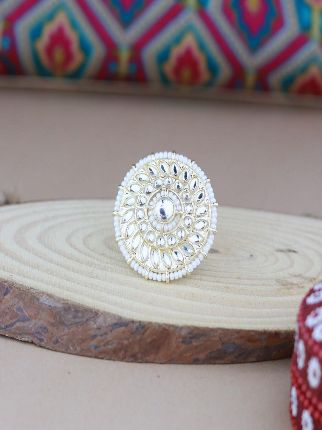 I Jewels White Gold-Plated Kundan Handcrafted Adjustable Finger Ring