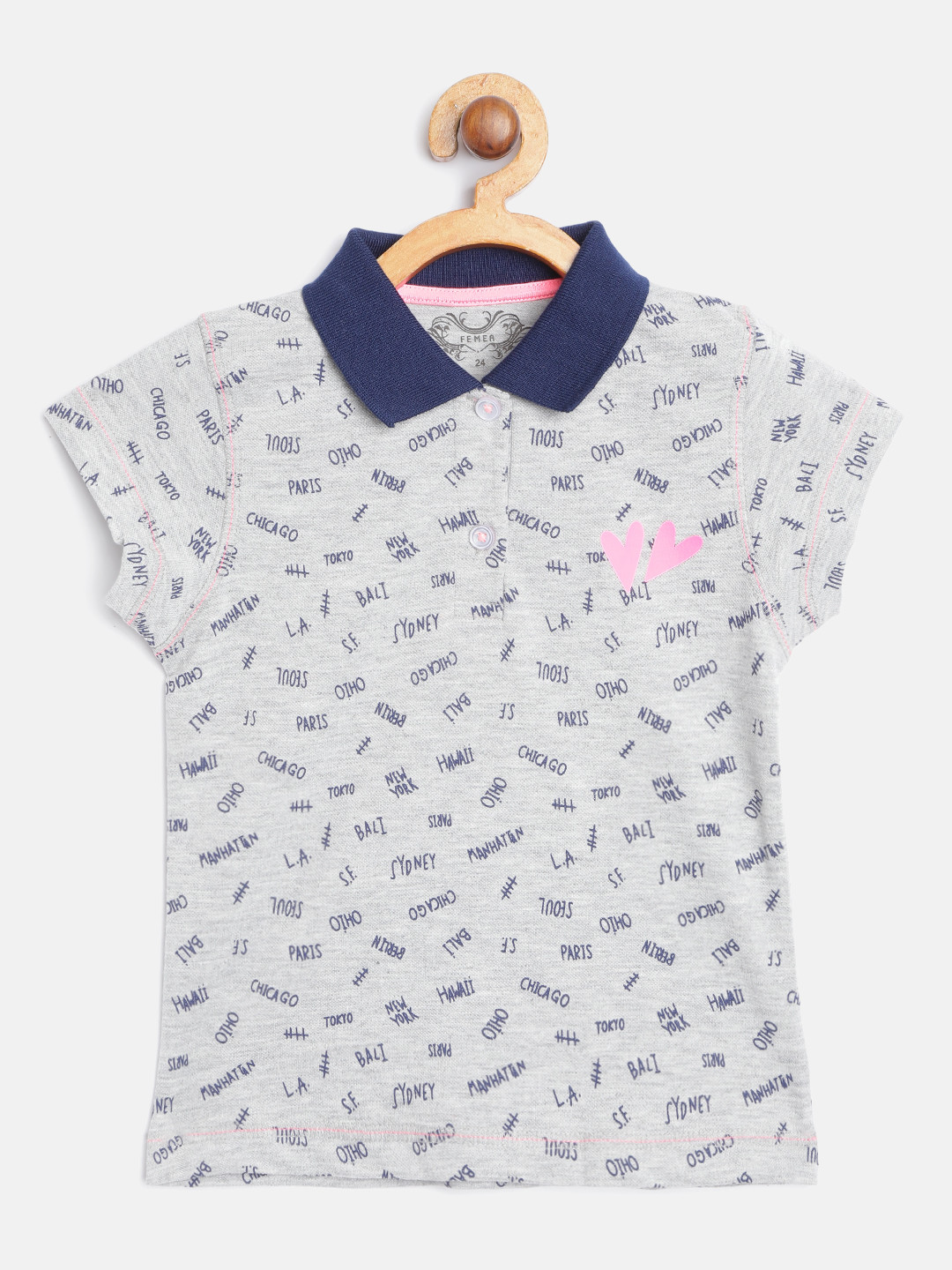 FEMEA Girls Grey Melange & Navy Blue Polo Collar T-shirt