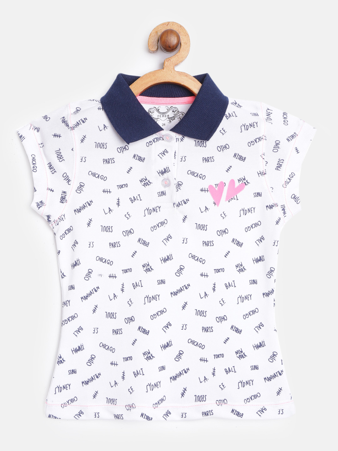 FEMEA Girls White & Navy Blue Polo Collar T-shirt