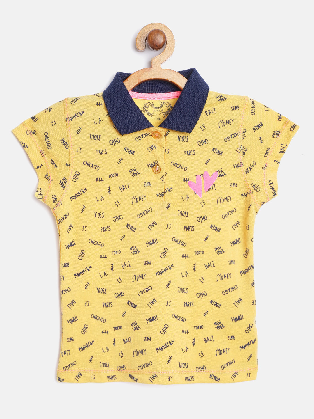 FEMEA Girls Yellow & Navy Blue Polo Collar T-shirt