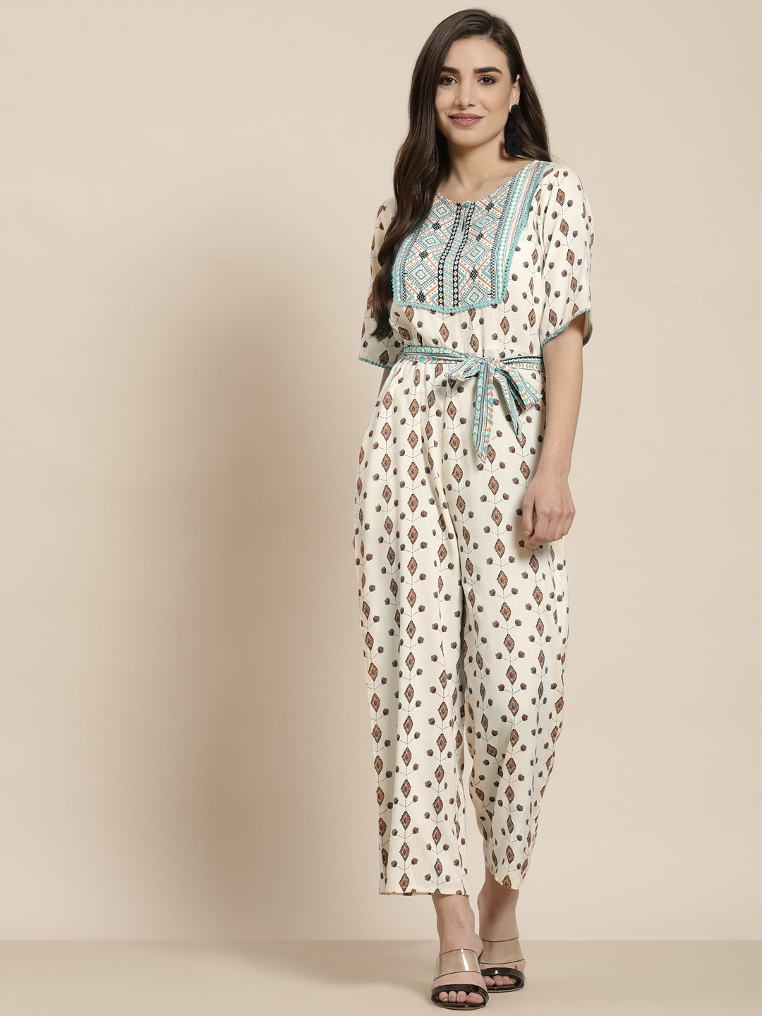 Juniper Women Off White & Orange Keyhole Neck Printed Basic Jumpsuit with Waist Tie-Ups