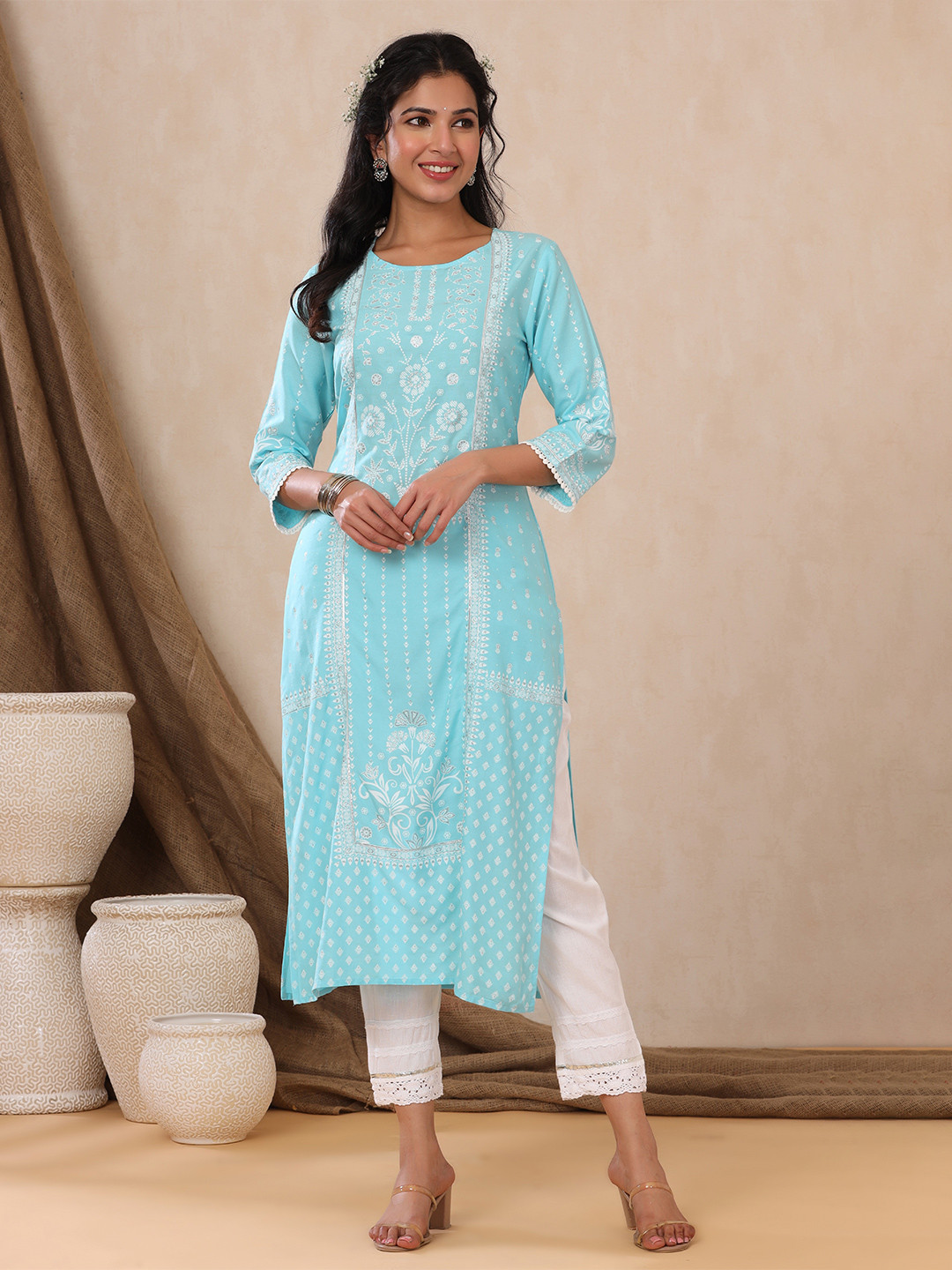 Juniper Women Blue & White Ethnic Motifs Gotta Patti Khari Indie Prints Straight Kurta