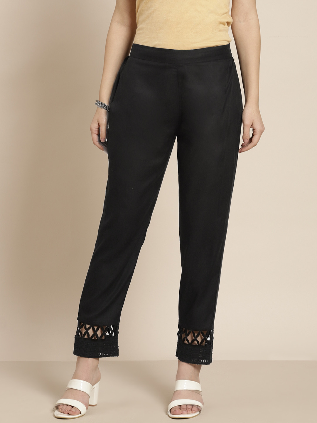 Juniper Women Black Solid Pencil Slim Fit Mid-Rise Cigarette Trousers with Knits Detail