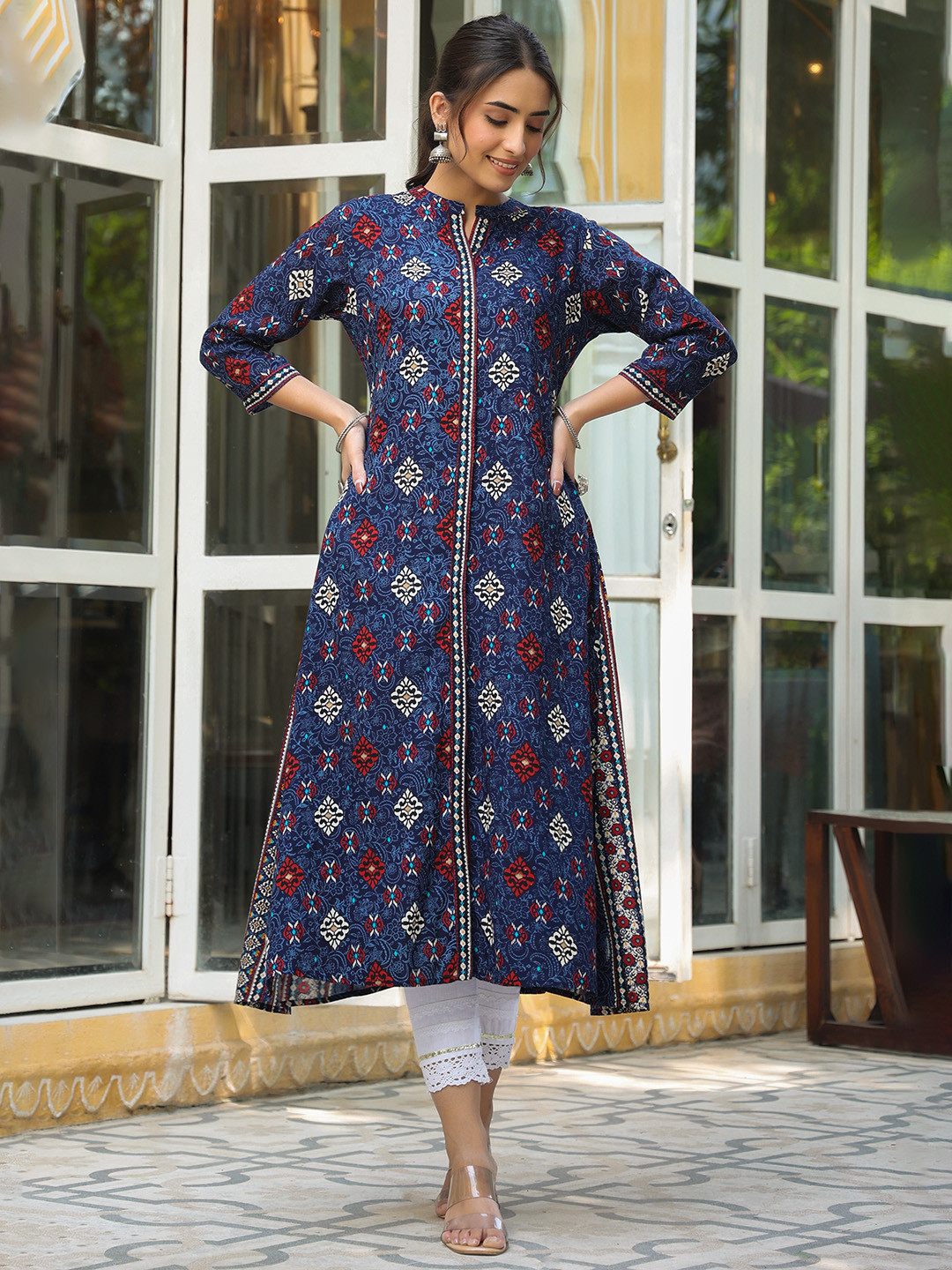 Juniper Women Navy Blue & White Ethnic Motifs Printed Band Collar Rayon A-Line Kurta