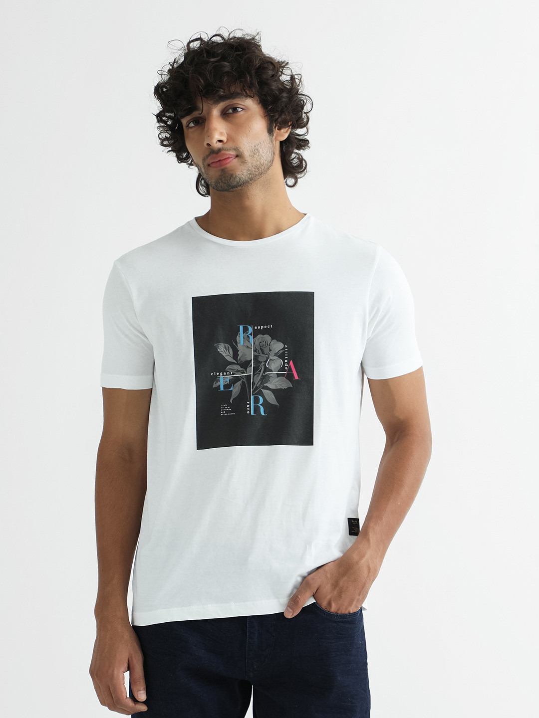 RARE RABBIT Men White Printed Pure Cotton Slim Fit T-shirt