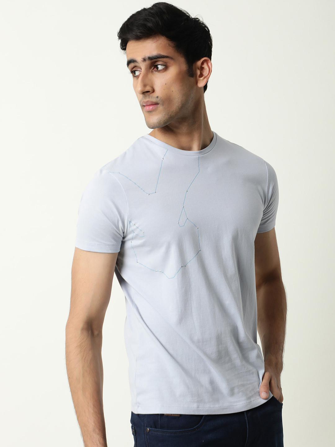 RARE RABBIT Men Blue Pure Cotton Slim Fit T-shirt