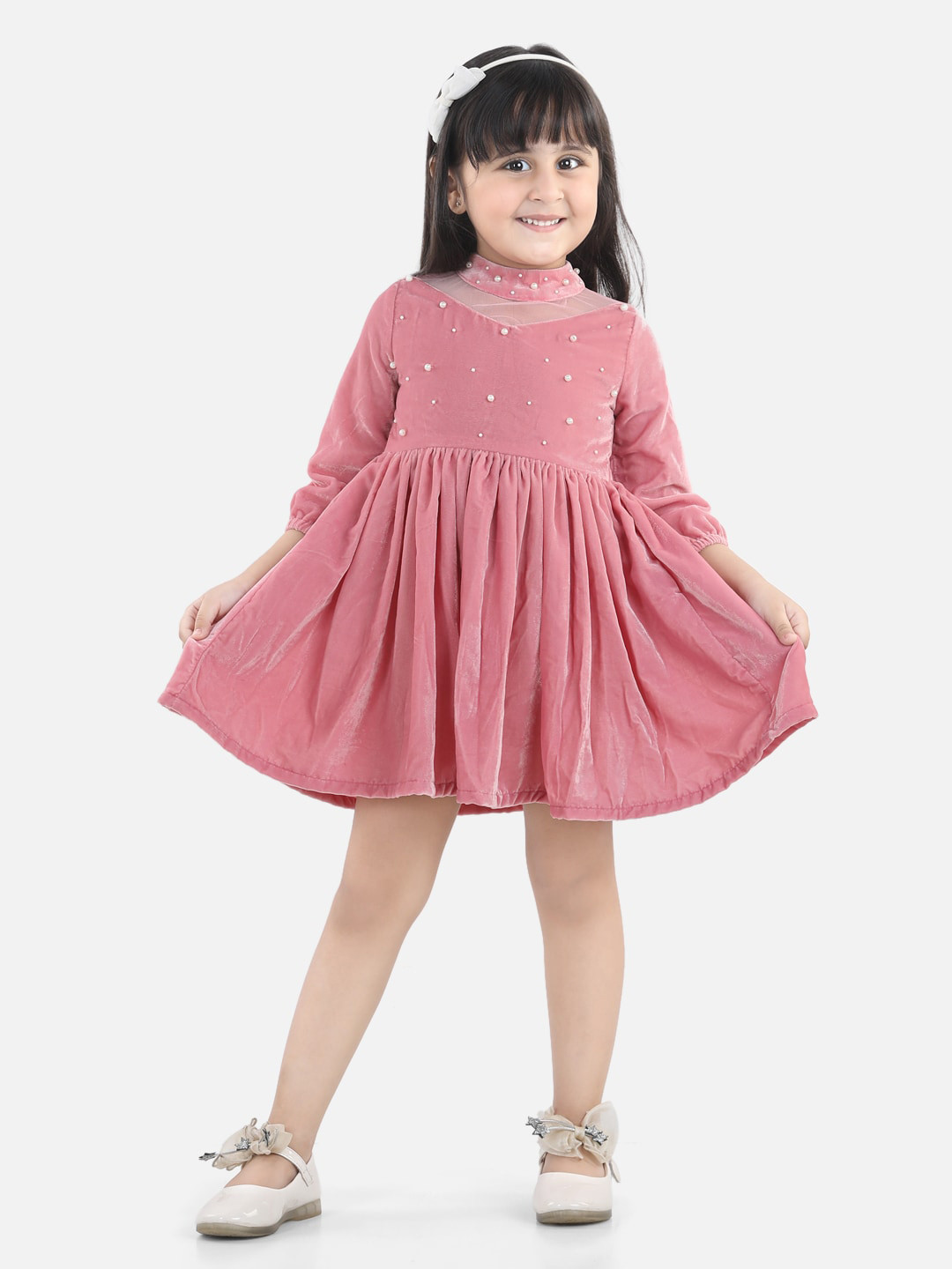 Fairies Forever Girls Pink Velvet Pearl Embellished Dress