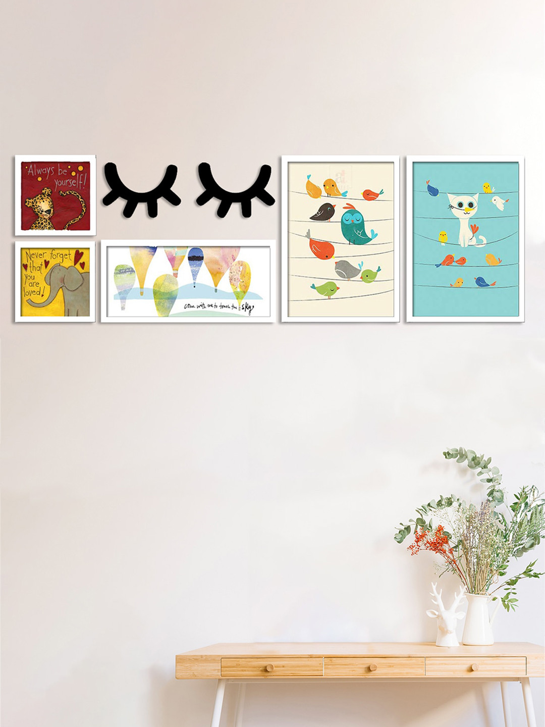 Art Street Set Of 5 Cats & Birds Art Prints MDF Matte Hall 5Pcs Wall Hangings-17.5In