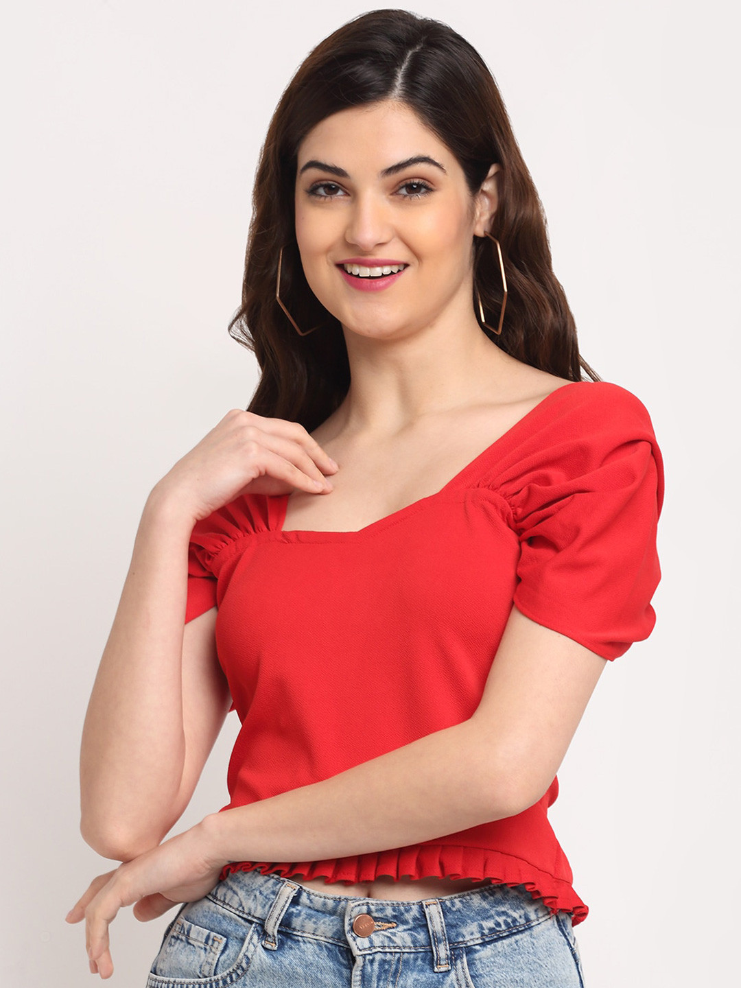 Sugathari Red Sweetheart Neck Crepe Crop Top