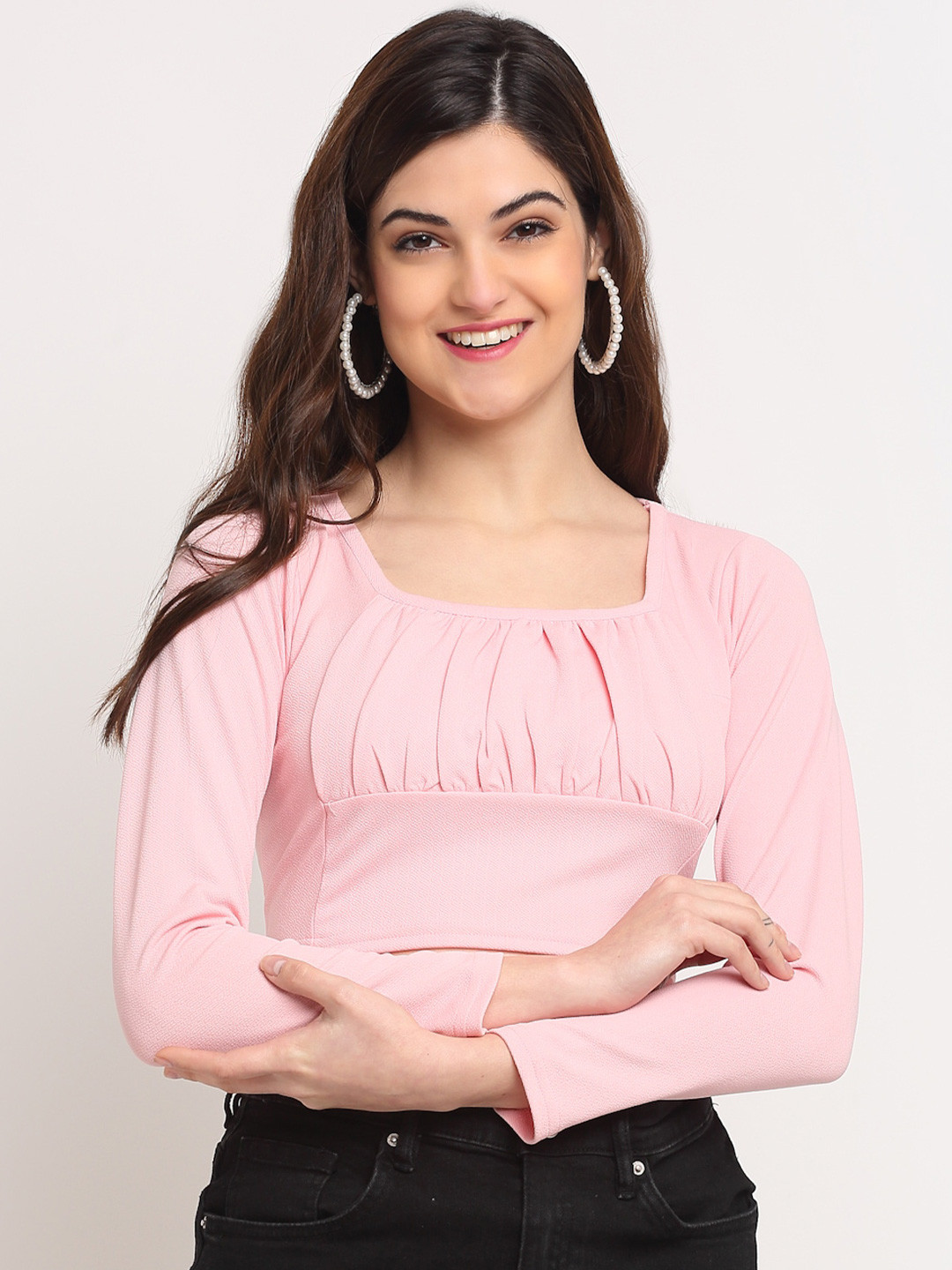 Sugathari Women Peach-Coloured Self Deign Square Neck Blouson Crop Top