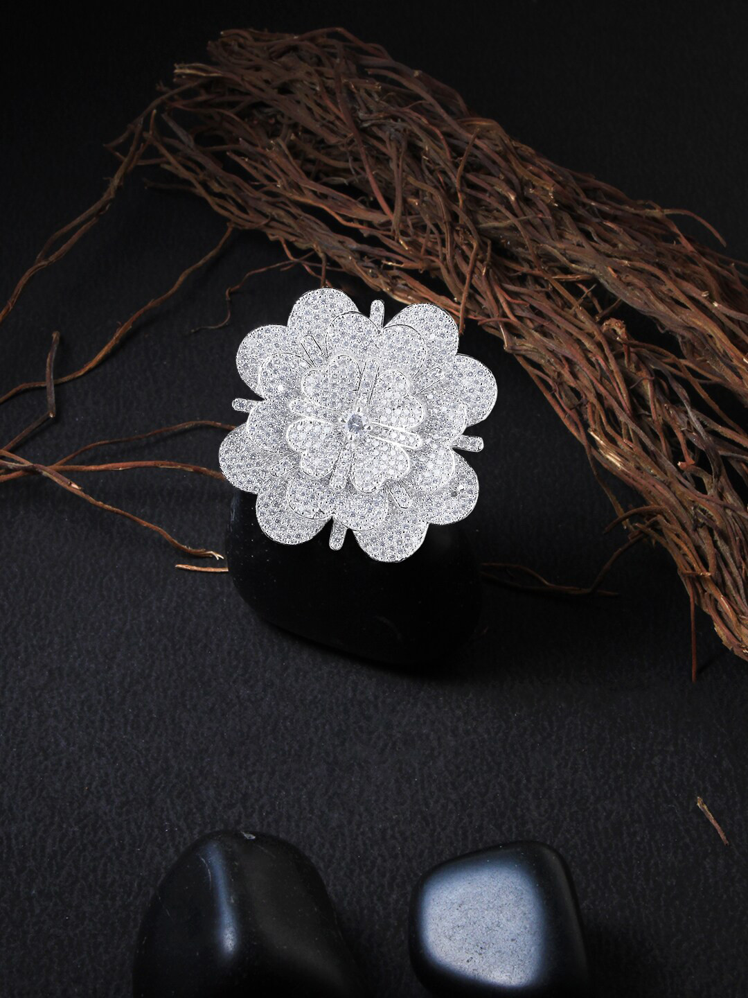 Adwitiya Collection Rhodium-Plated White CZ-Studded Adjustable Finger Ring