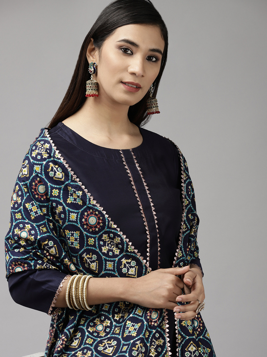 Indo Era Women Navy Blue Gotta Patti Kurta with Trousers & With Dupatta