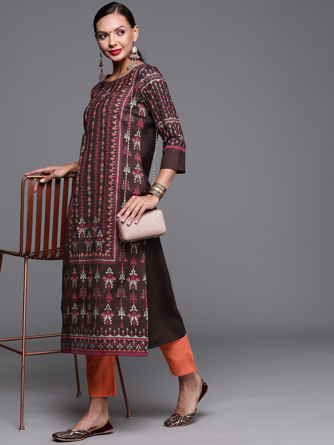 Indo Era Women Coffee Brown & Orange Ethnic Motifs Printed Floral Kurta