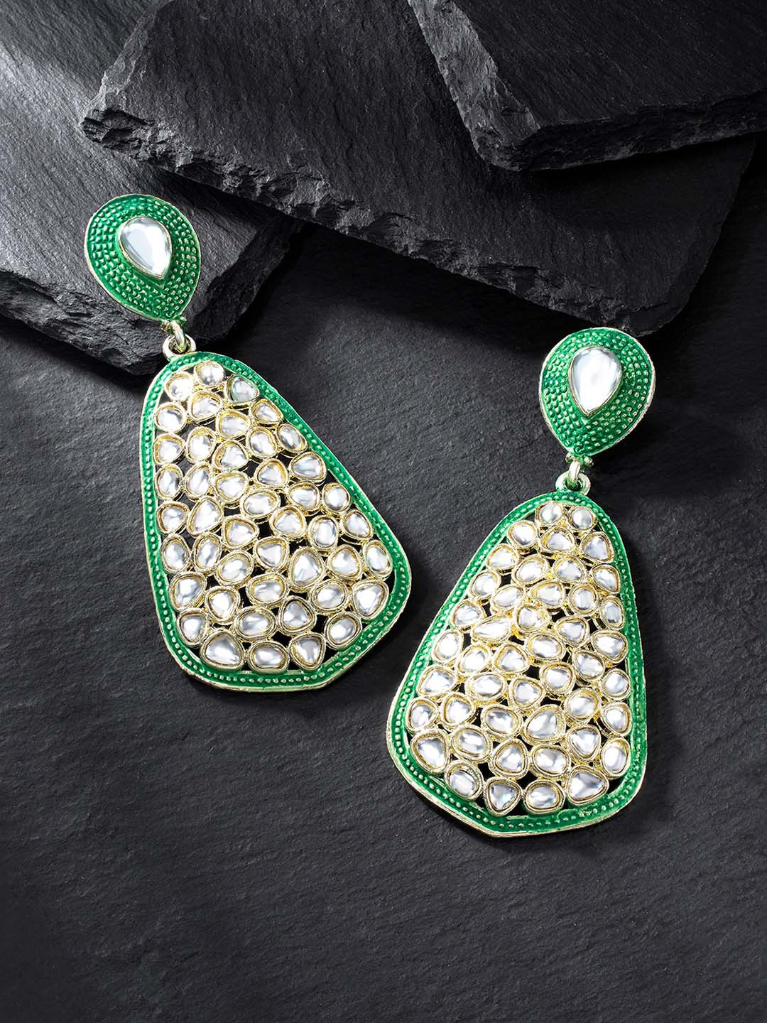 Peora Women Green & White Gold-Plated Oval Drop Earrings