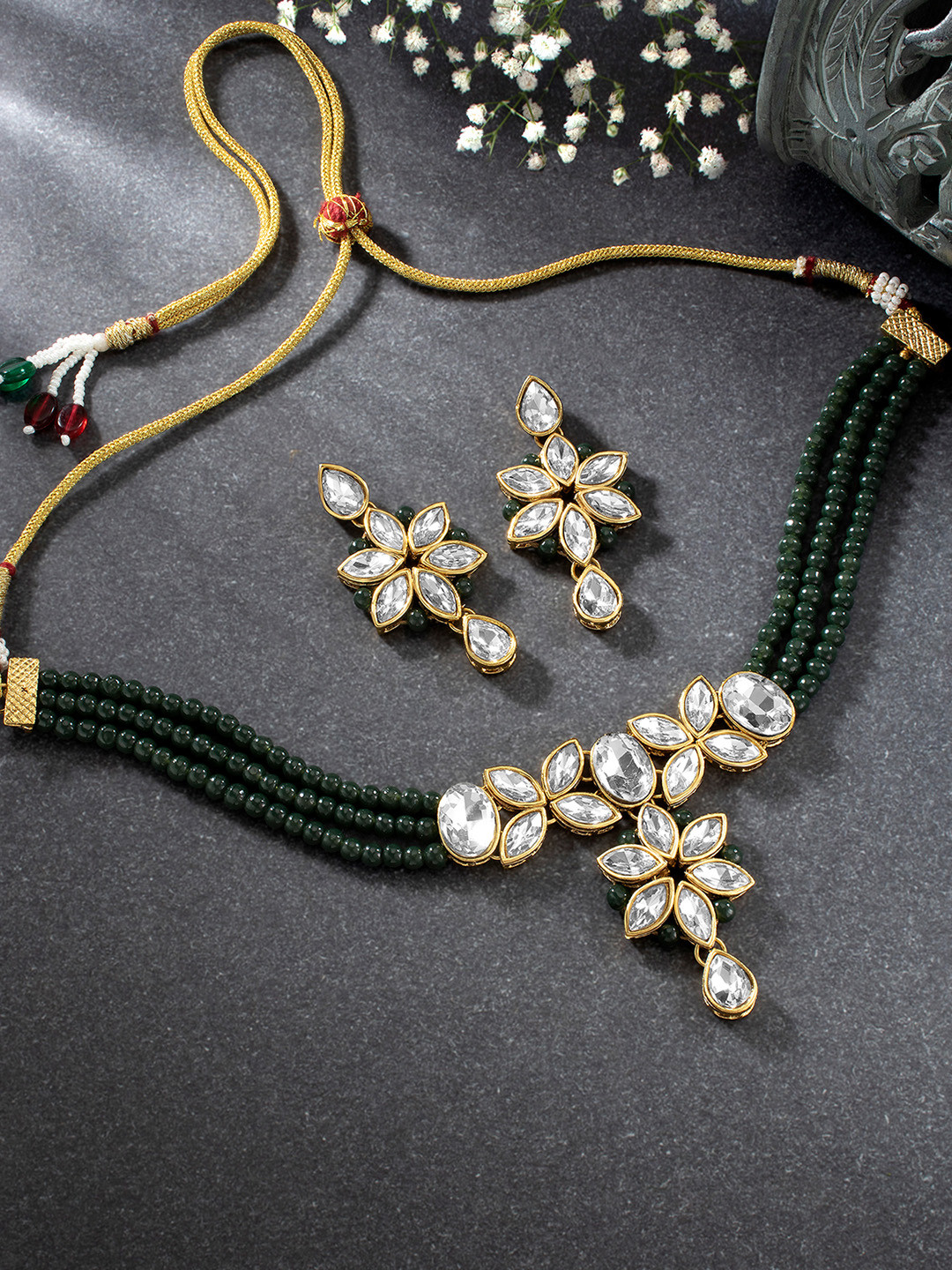 Peora Women Olive Green Gold-Plated Traditional Crystal Jewellery Set