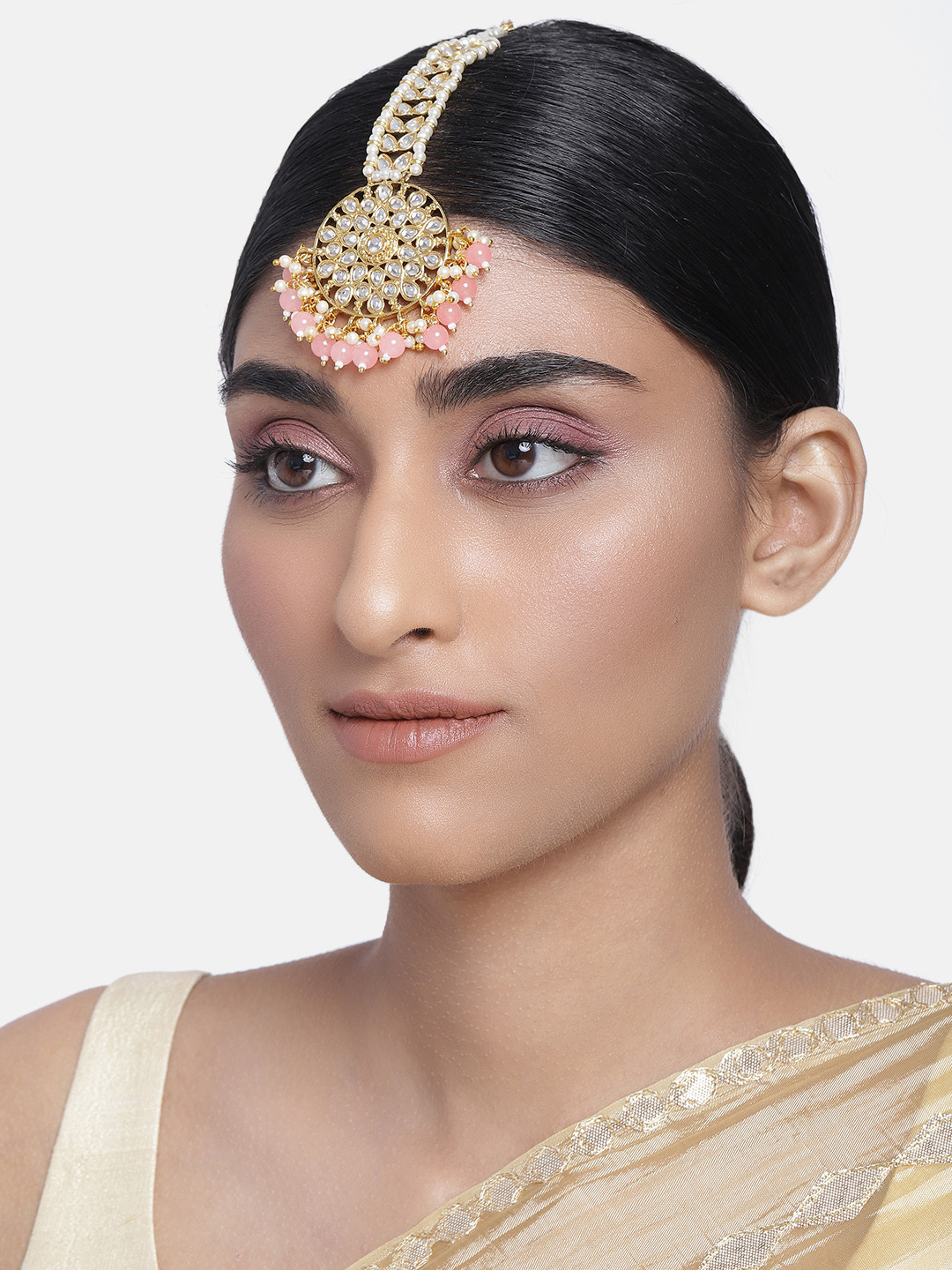 Peora Gold-Plated & Peach-Coloured Kundan-Studded Beaded Maang Tika