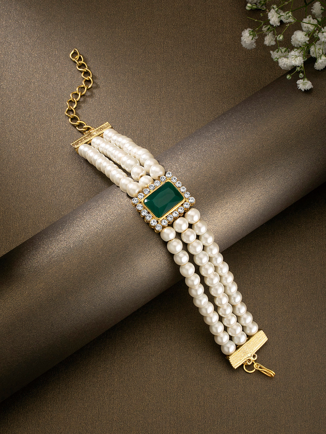 Peora Women Green Gold-Plated Pearl Studded Cube Crystal In Middle Bracelet