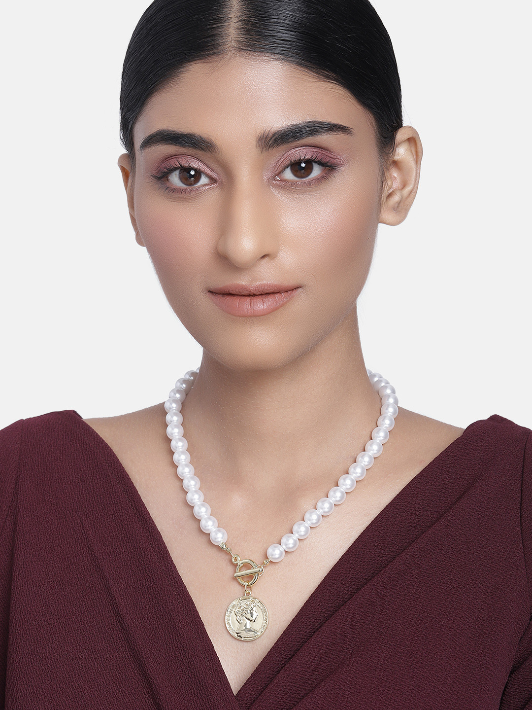 Peora Women White & Gold-Toned Gold-Plated Coin  Necklace