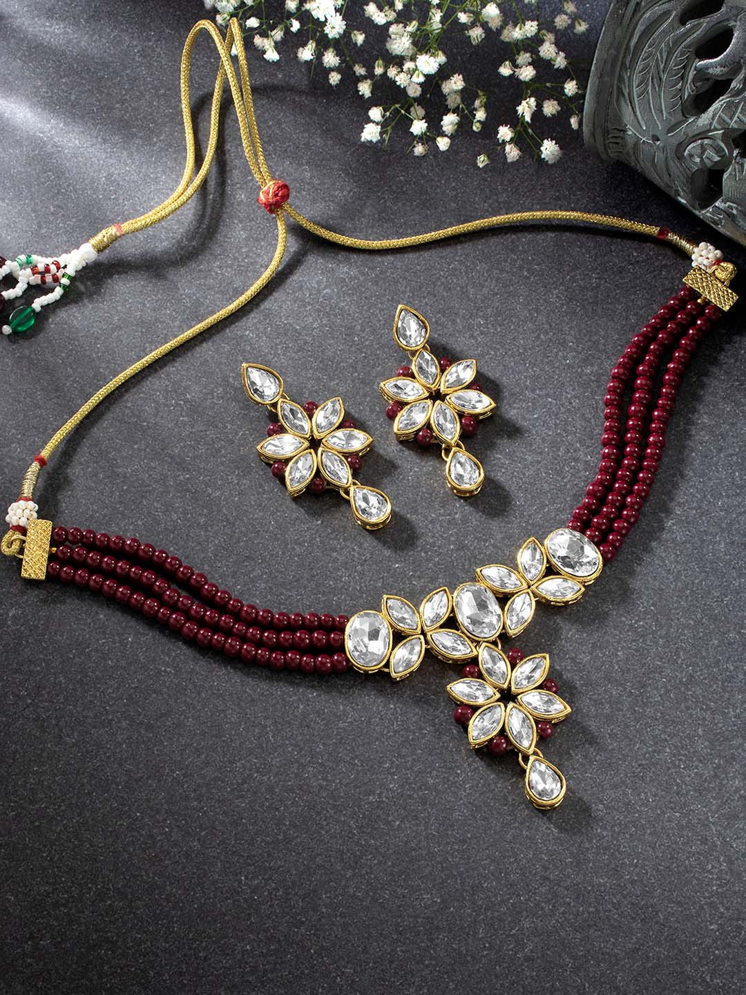 Peora Women Maroon Gold-Plated Traditional Crystal Jewellery Set