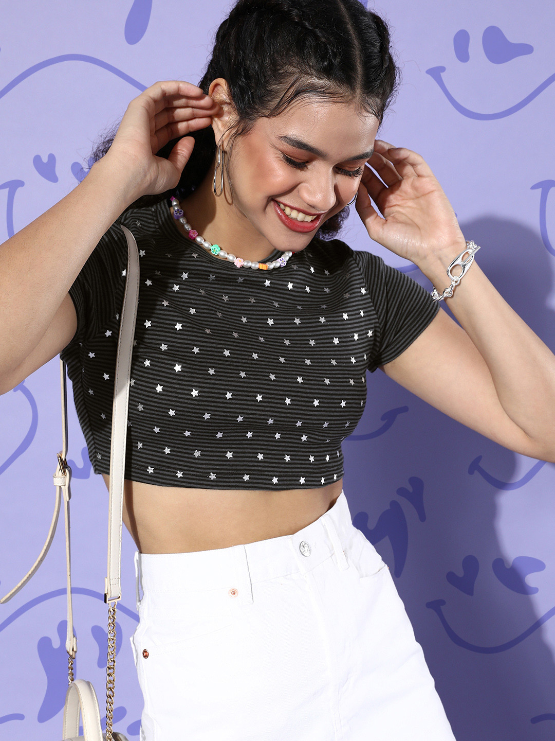 KASSUALLY Women Beautiful Charcoal Striped Cropped Tshirt