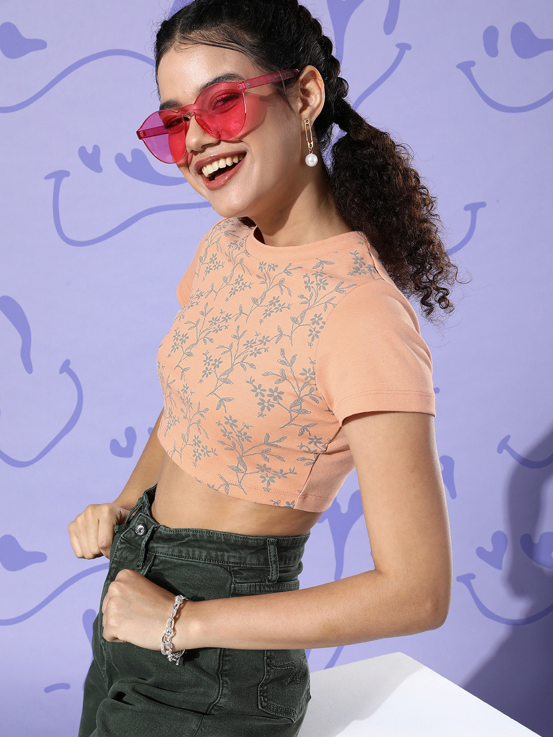 KASSUALLY Women Peach Floral Cropped Tshirt