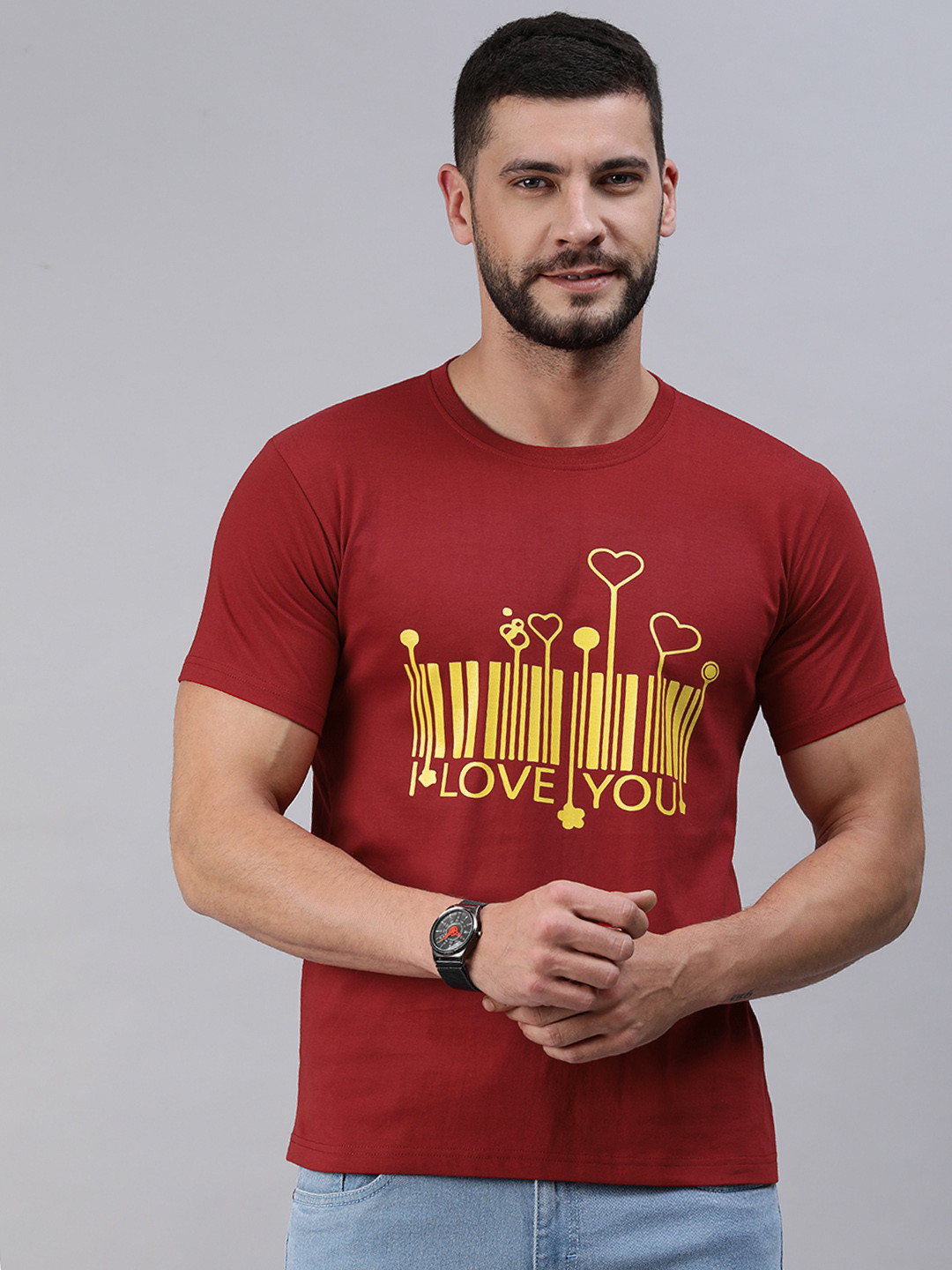 BRATMA Men Red & Yellow Typography Printed Pure Cotton T-shirt