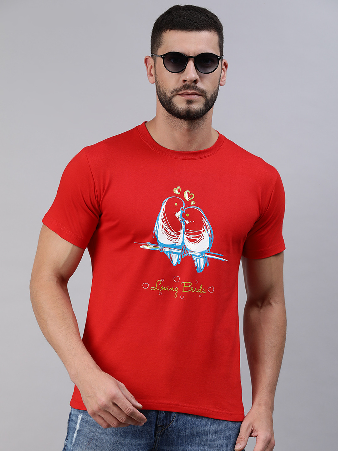 BRATMA Men Red & Blue Loving Birds Graphic Cotton T-shirt