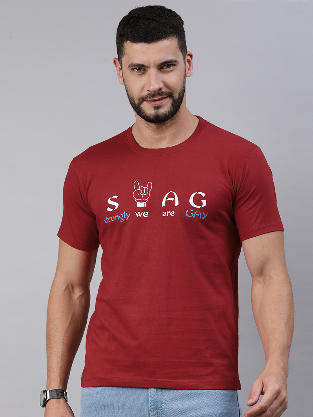 BRATMA Men Red & White Typography Printed Pure Cotton T-shirt
