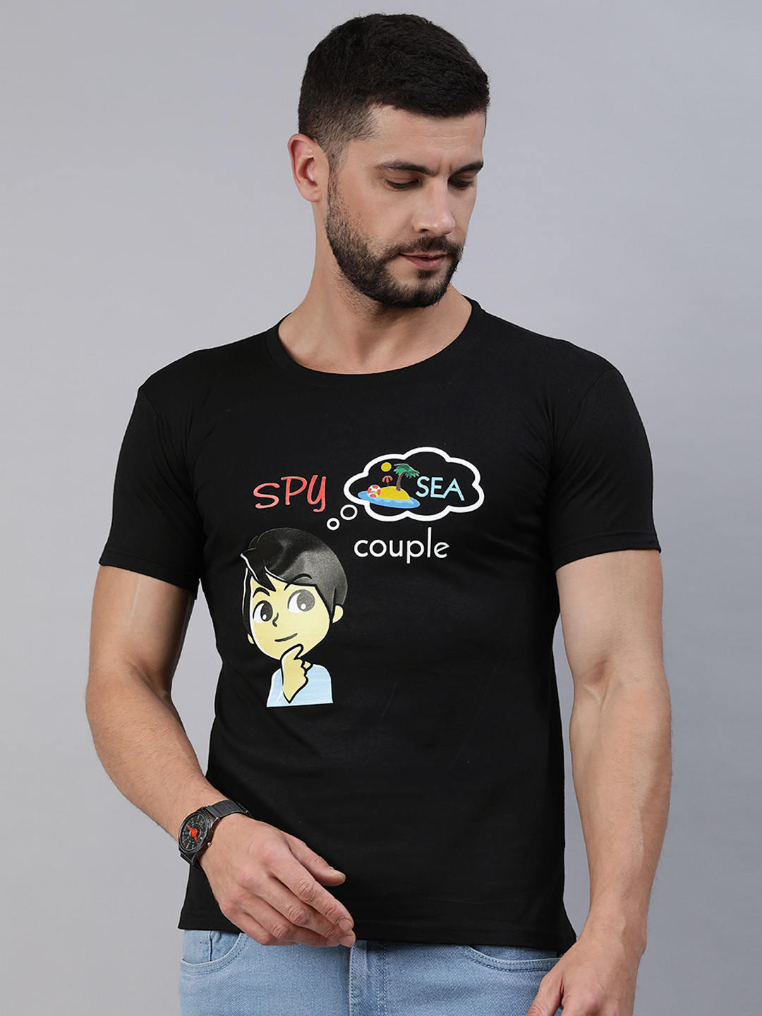 BRATMA Men Black & Yellow Conversational Printed Pure Cotton T-shirt