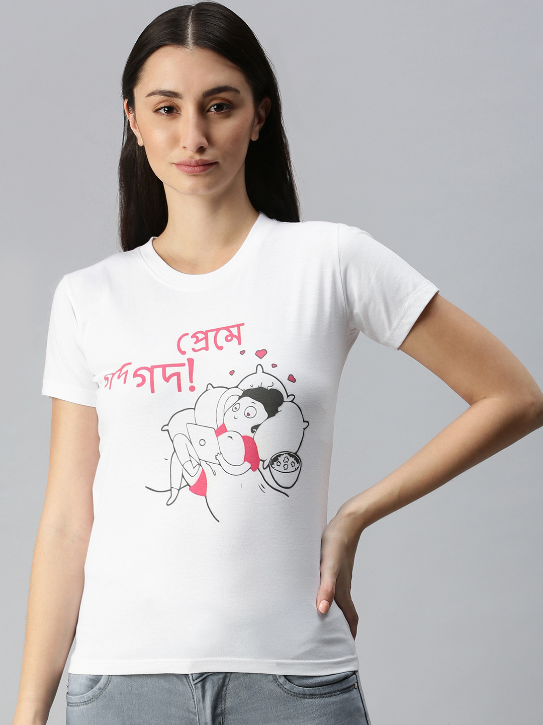 BRATMA Women White & Red Conversational Printed Pure Cotton T-shirt