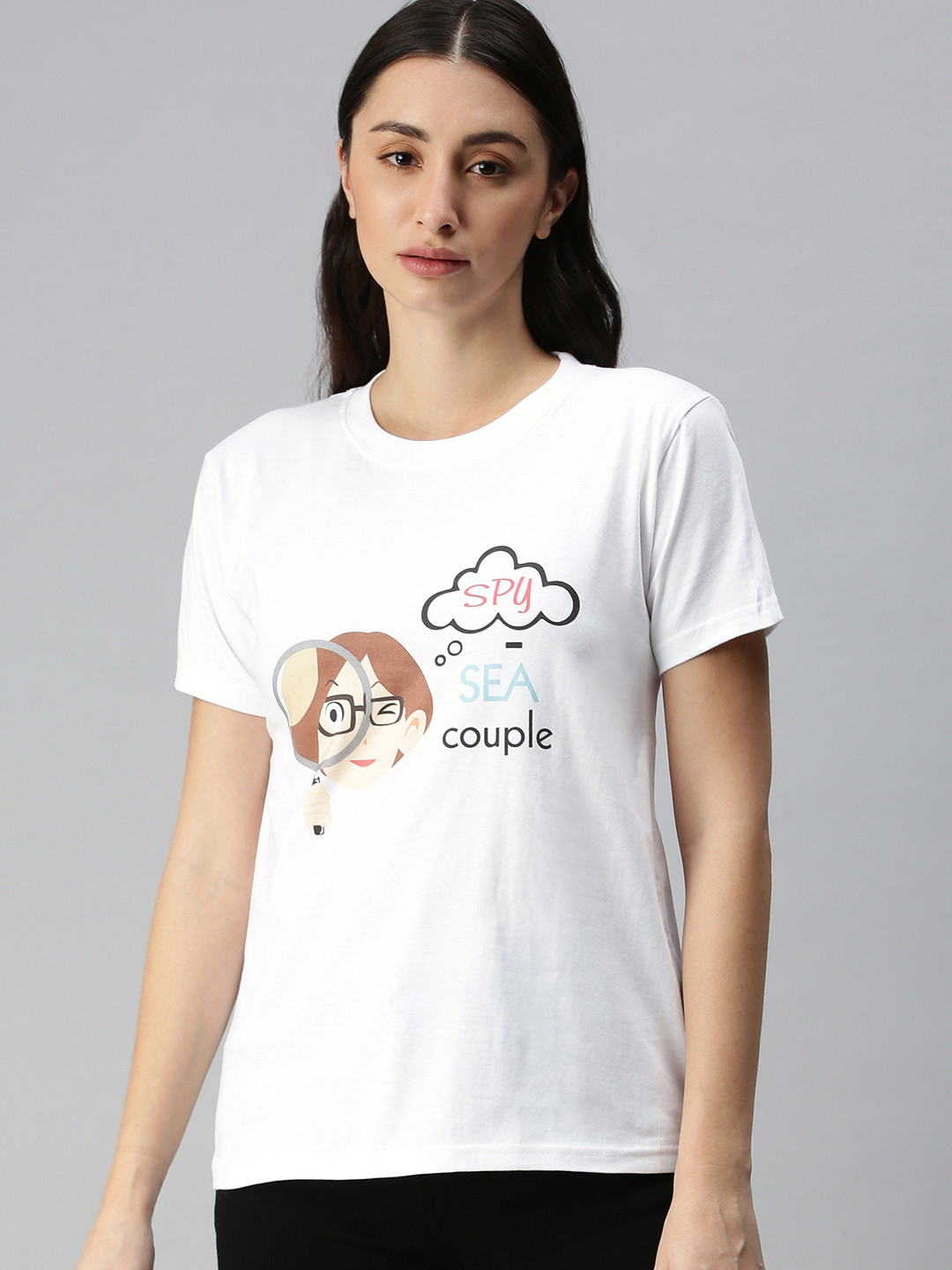 BRATMA Women White & Brown Conversational Printed Pure Cotton T-shirt