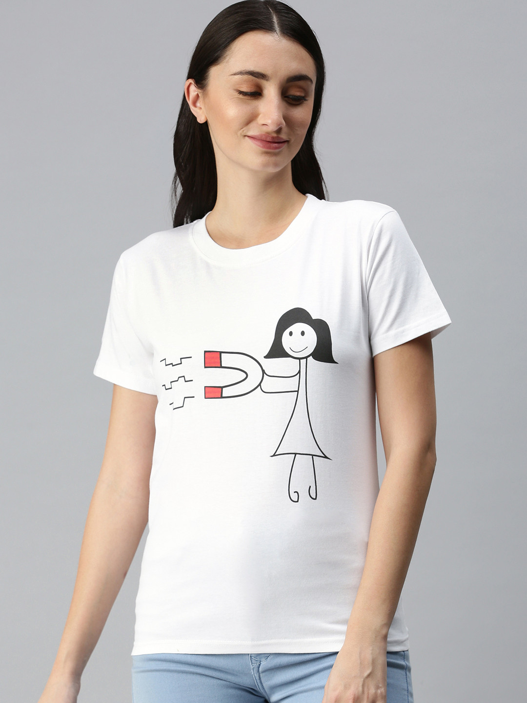 BRATMA Women White & Black Conversational Printed Pure Cotton T-shirt