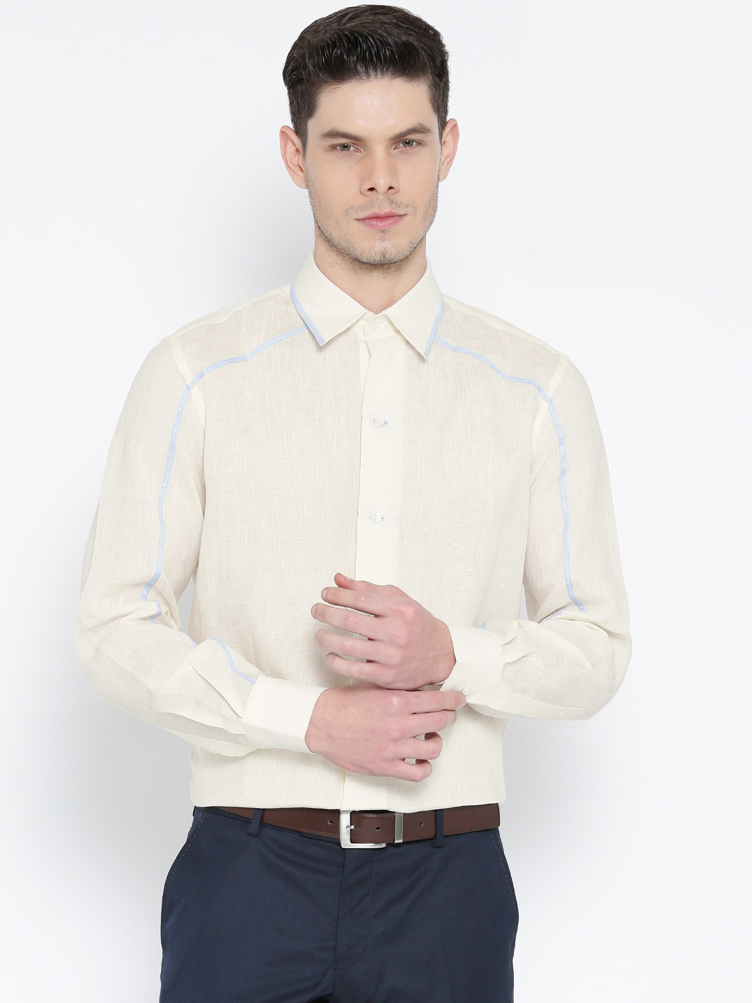 Wills Lifestyle Men Cream-Coloured Solid Linen Casual Shirt