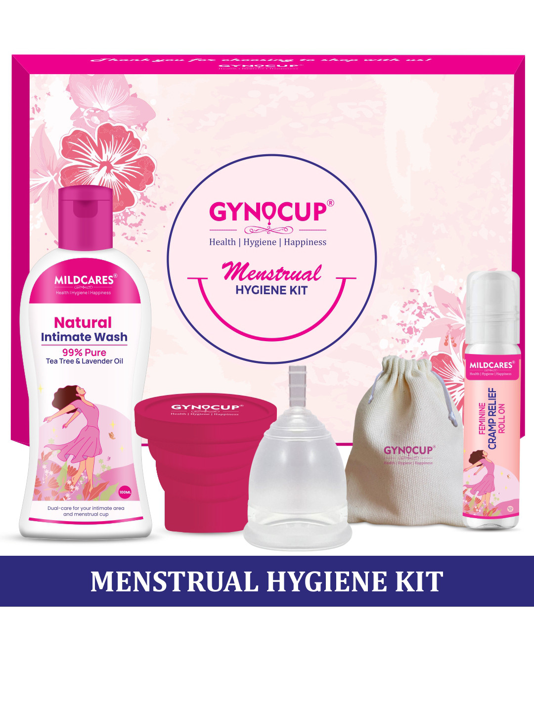 GYNOCUP Menstrual Cup-Medium With Sterilizer, Roll-On & Intimate Wash