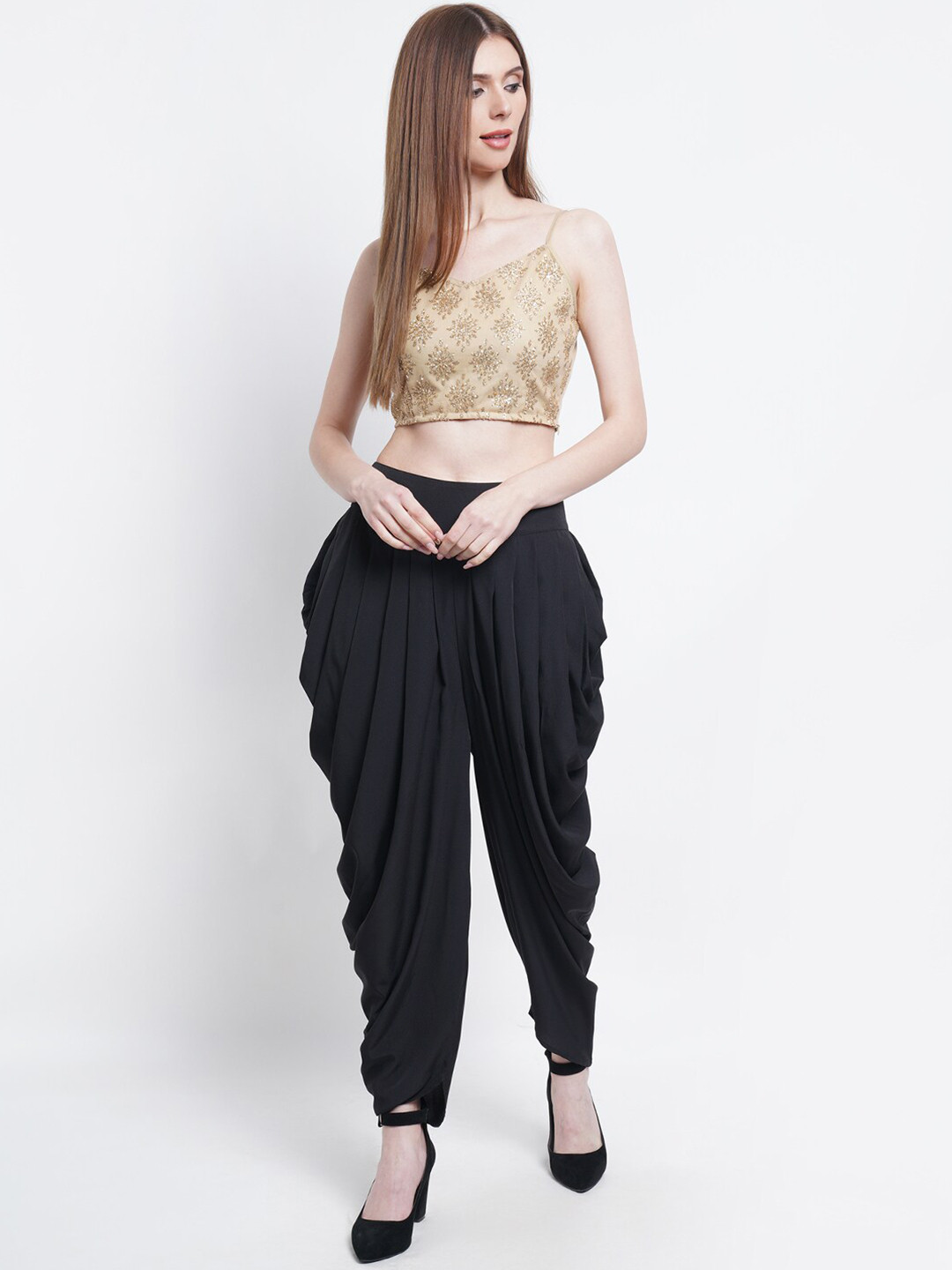 Purple State Women Gold-Toned Printed Sequinned Top with Dhoti Pants Kurta Set