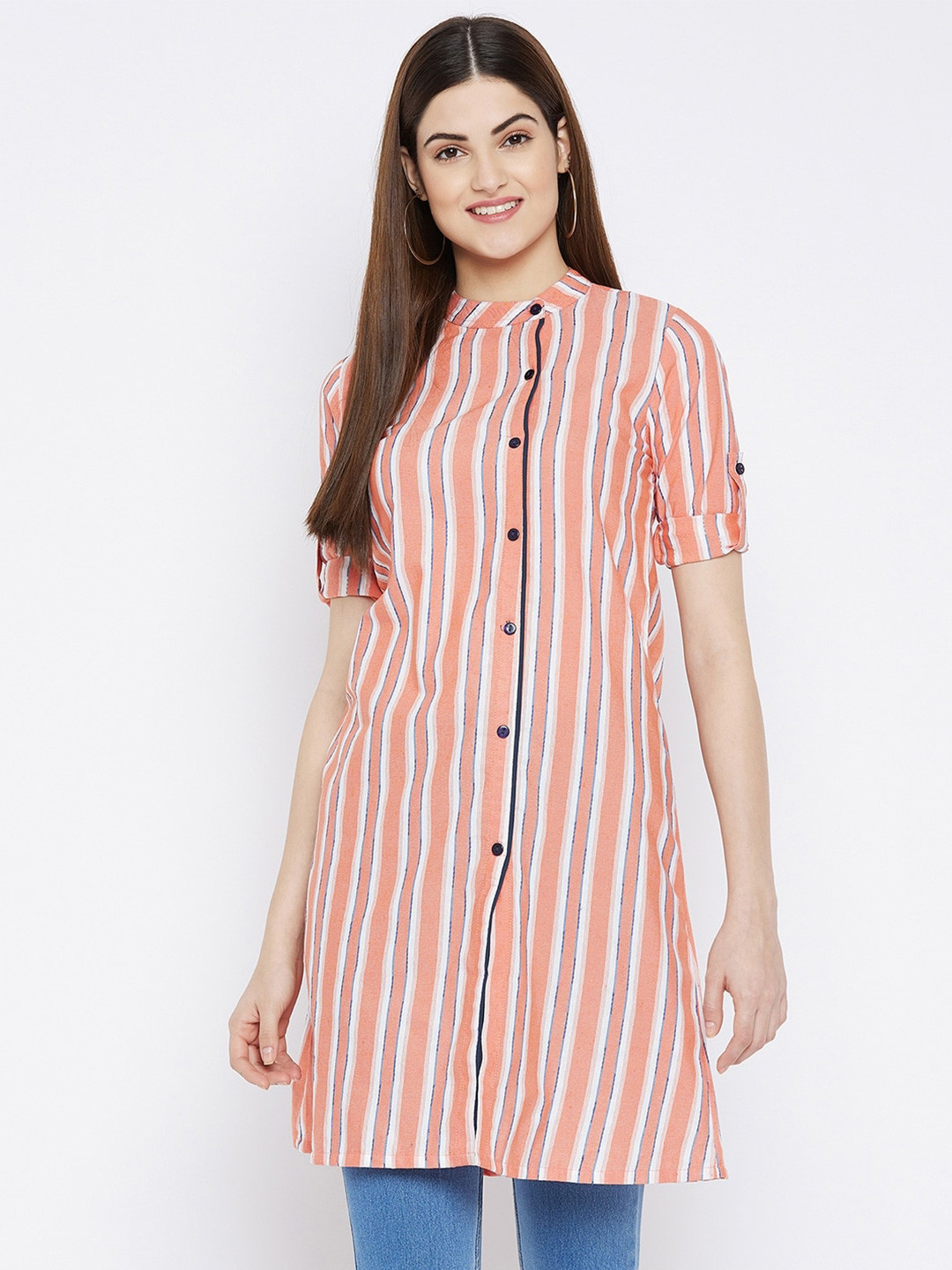 Ruhaans Orange Mandarin Collar Striped Tunic