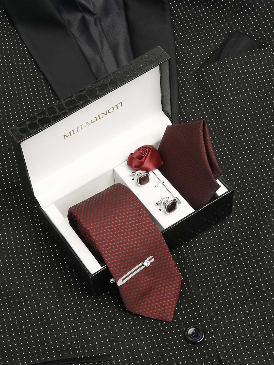 MUTAQINOTI Men Rosewood Silk Accessory Gift Set