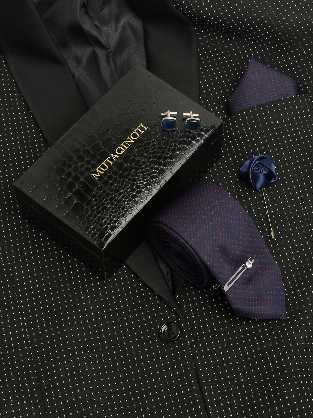 MUTAQINOTI Men Dotted Blue Silk Necktie Accessory Gift Set