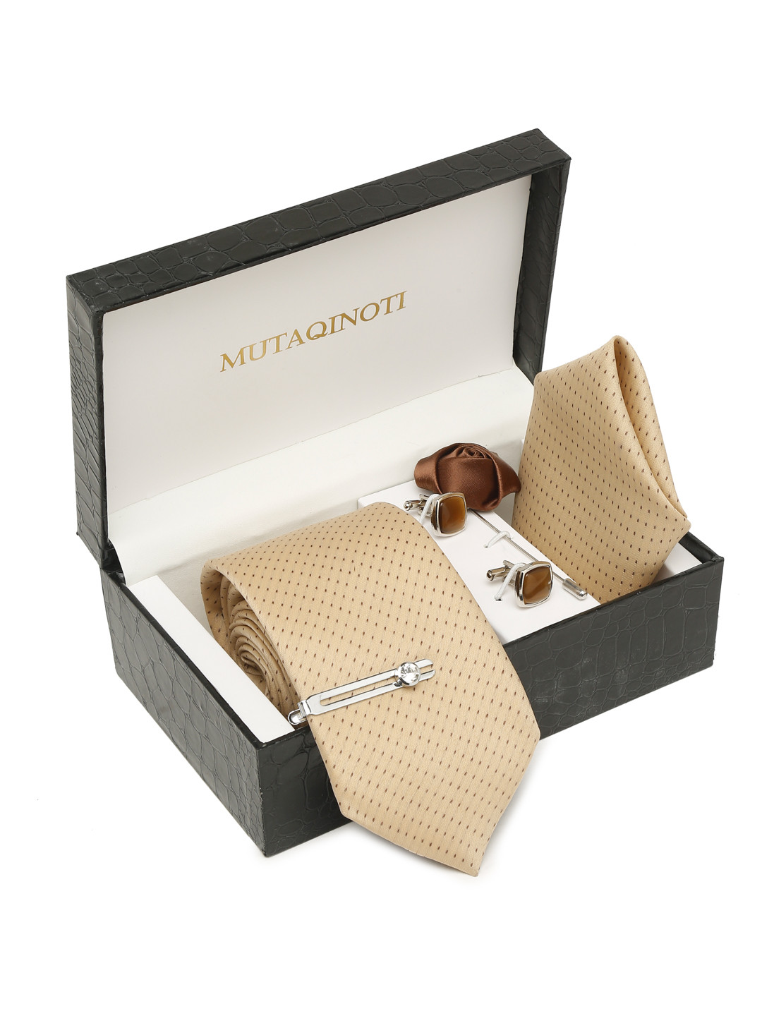 MUTAQINOTI Men Dotted Cream Silk Necktie Accessory Gift Set
